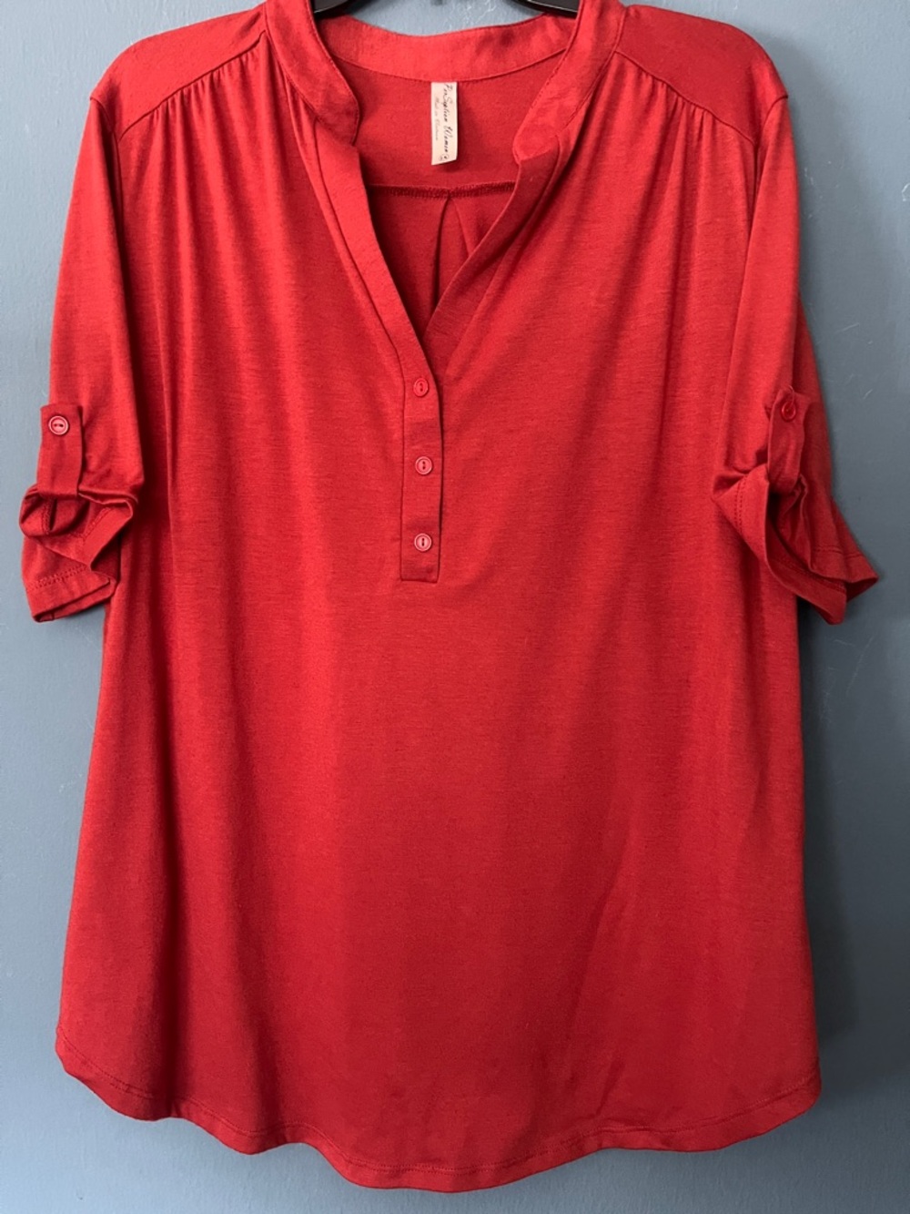 Perseption Red/Rust Henley Tunic with Roll-Tab Sleeves